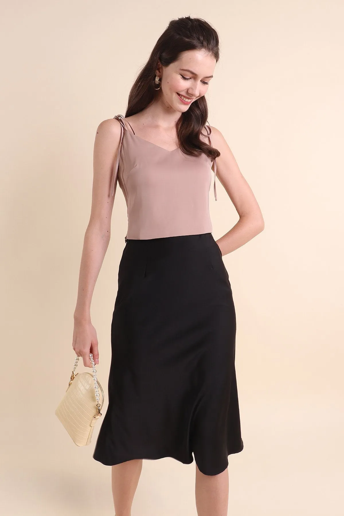 MADEBYNM SONIA SATIN SHOULDER TIE TOP IN DESERT TAUPE