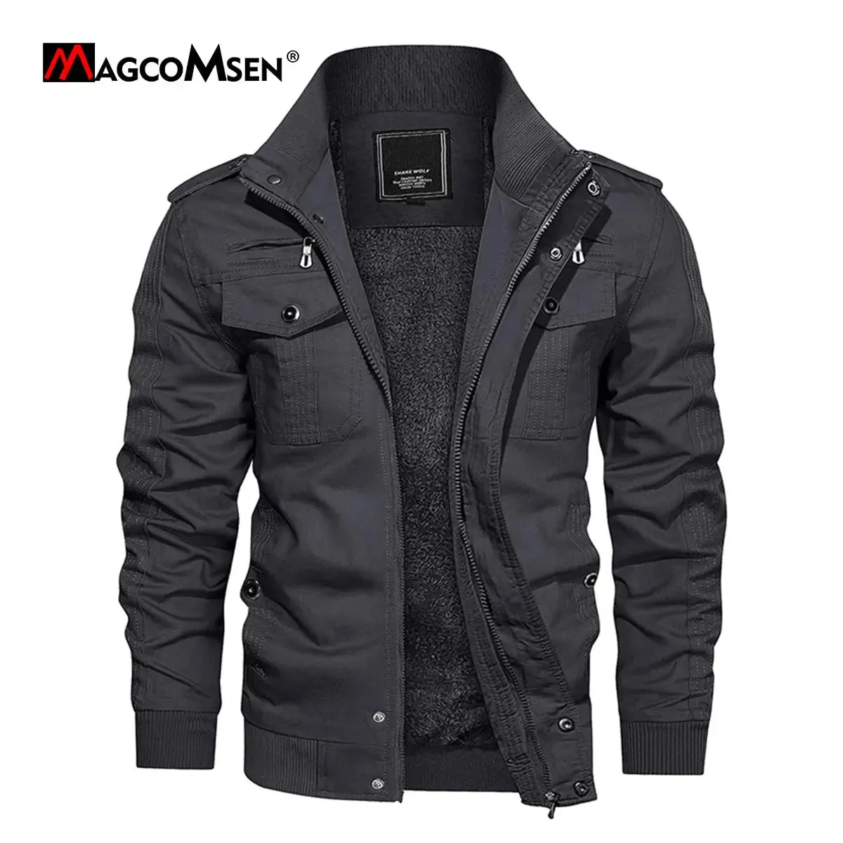 MAGCOMSEN Men's Fleece Jackets Windbreaker Coats Fall Winter Thermal Bomber Jackets Multi-Pockets Stand Collar Motorcycle Jacket