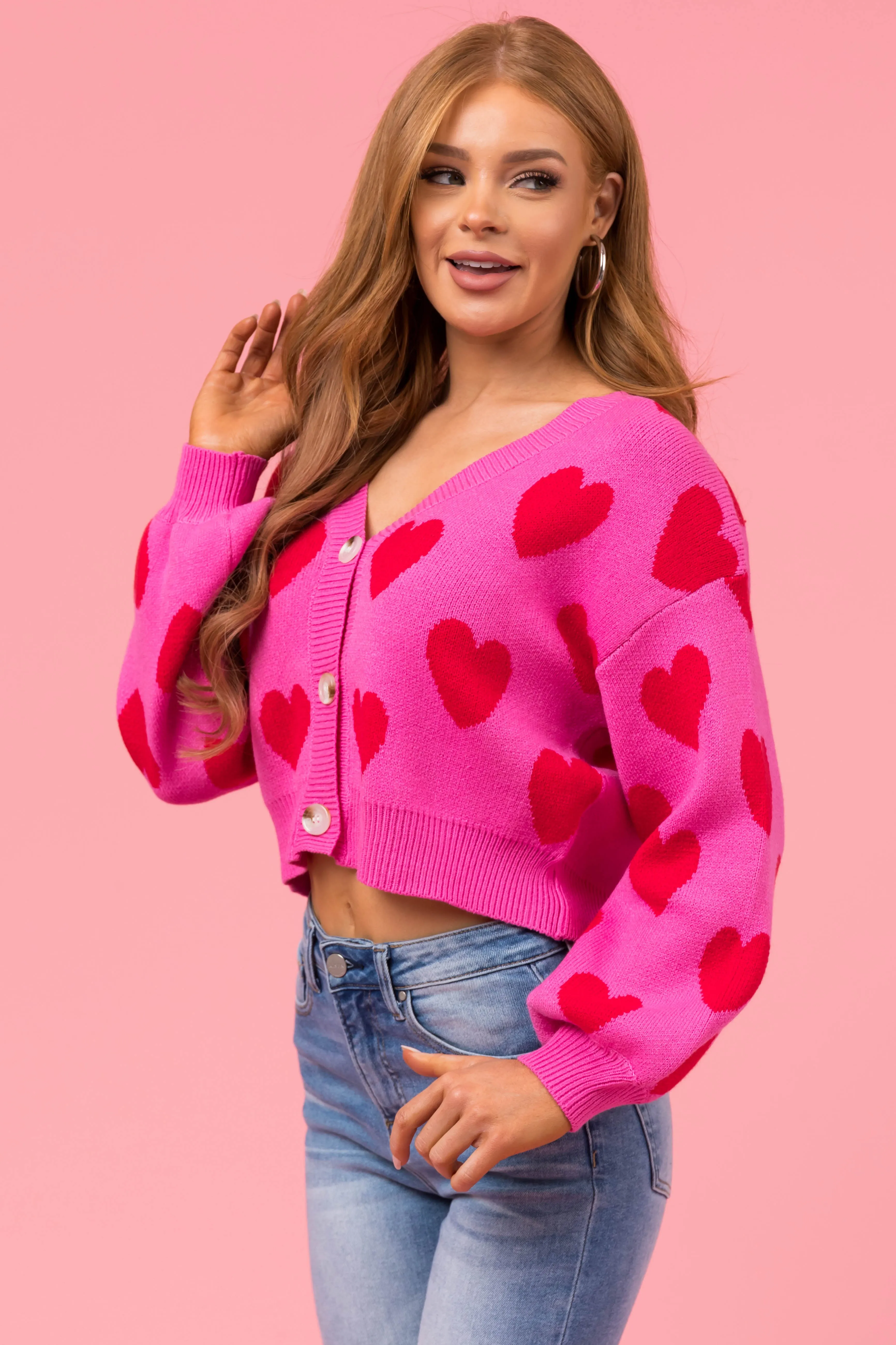 Magenta Heart Print Button Down Cardigan