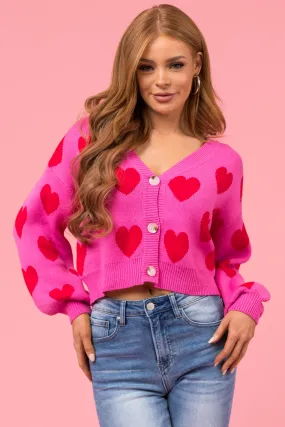 Magenta Heart Print Button Down Cardigan