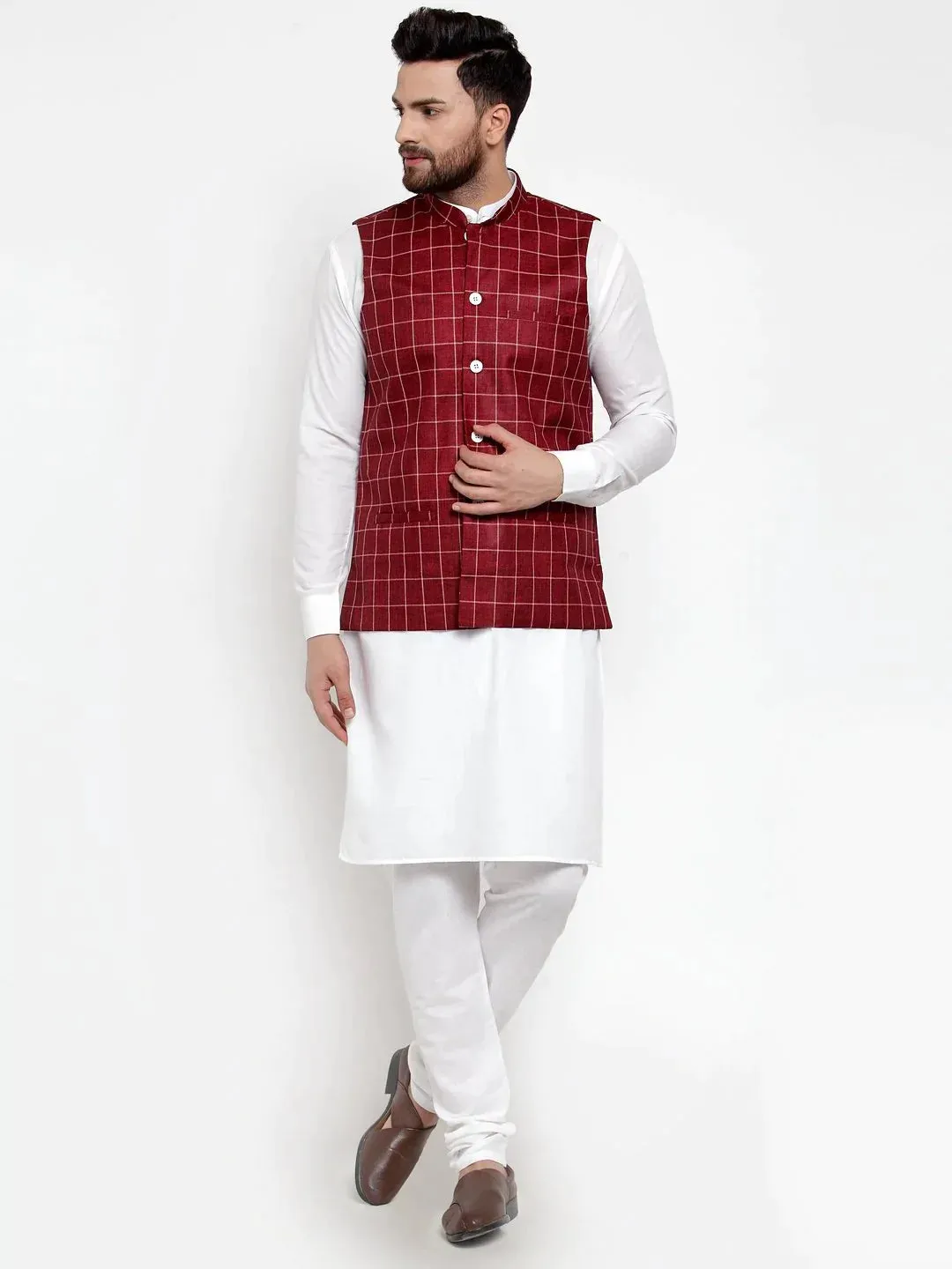 Men Maroon Checked Nehru Jacket