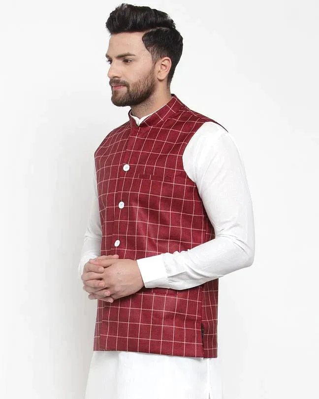 Men Maroon Checked Nehru Jacket