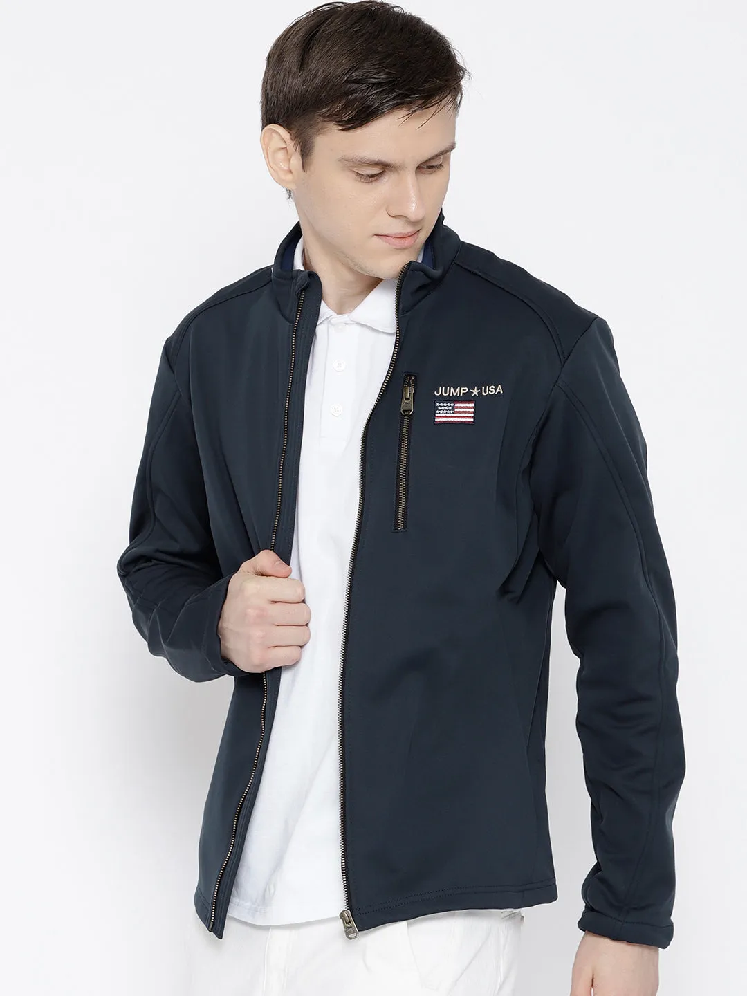 Men Navy Blue Solid Jacket