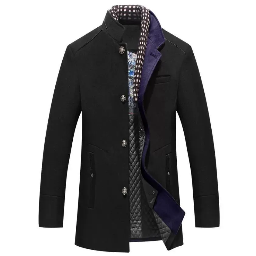 Men Posh Quality Winter Single Breasted Casual Woolen Coat Thick Collar Scarf Jacket | 2106