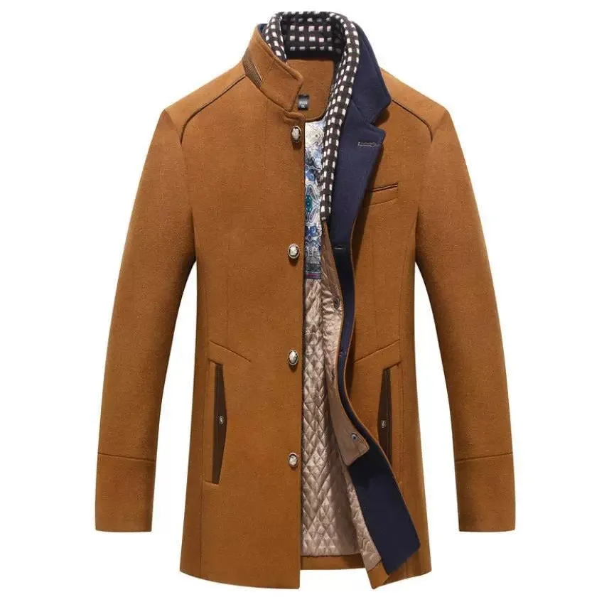 Men Posh Quality Winter Single Breasted Casual Woolen Coat Thick Collar Scarf Jacket | 2106