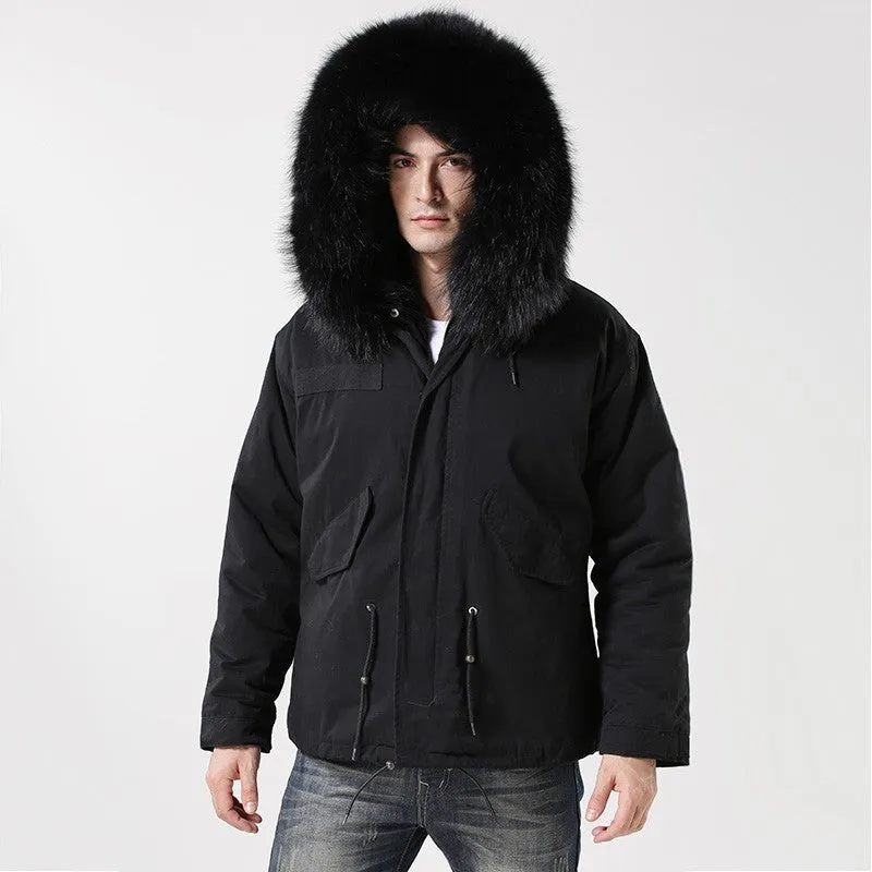 Men's Black Fur Lined Convertible Parka - Short