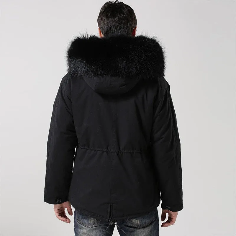 Men's Black Fur Lined Convertible Parka - Short