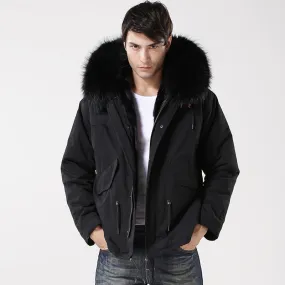 Men's Black Fur Lined Convertible Parka - Short