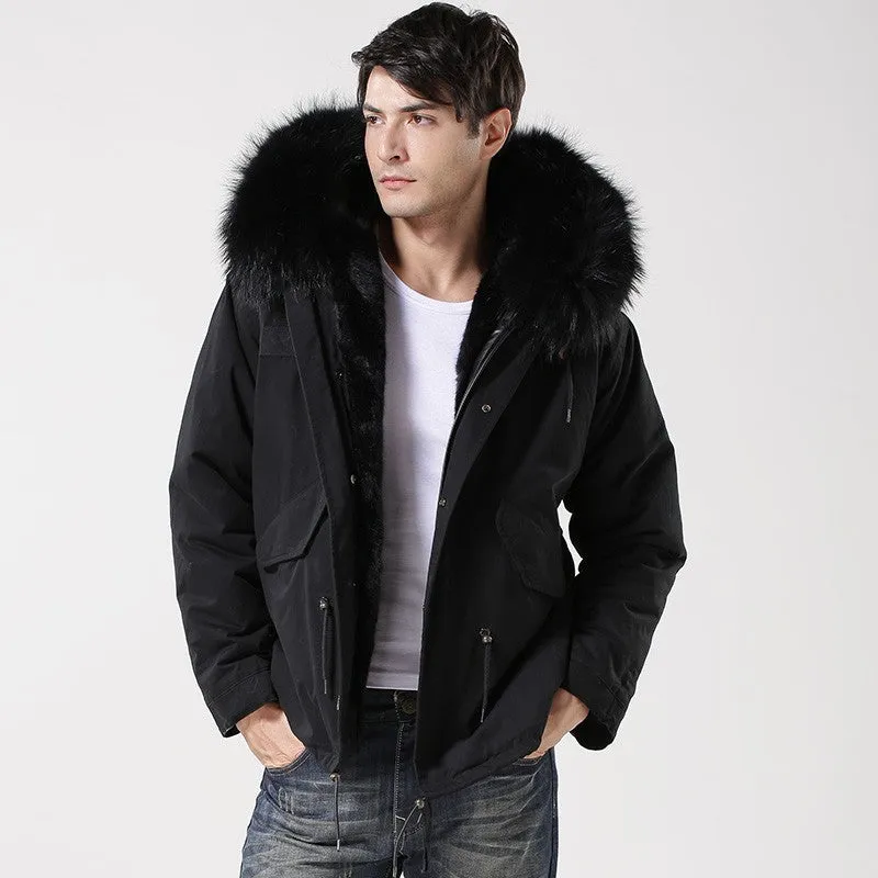 Men's Black Fur Lined Convertible Parka - Short