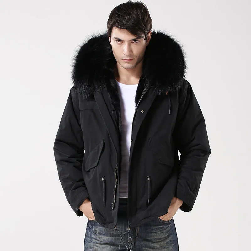 Men's Black Fur Lined Convertible Parka - Short