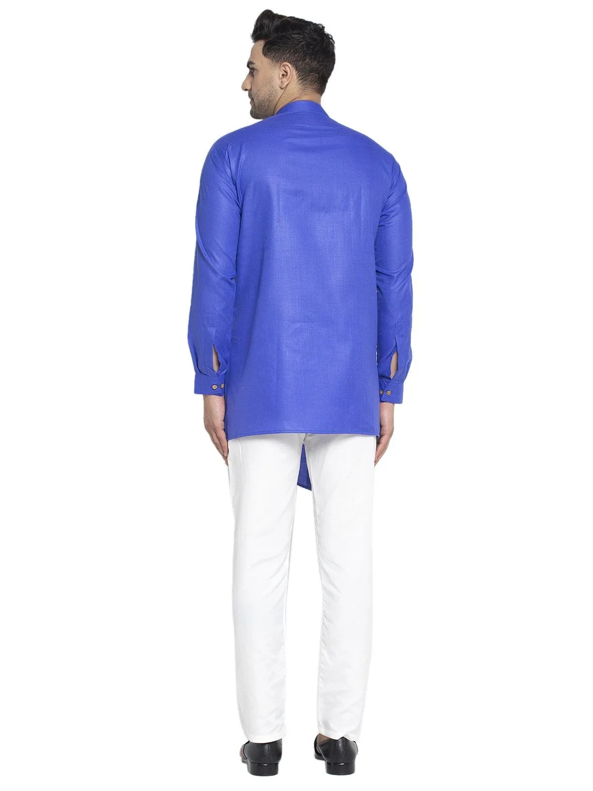 Men's Cotton Royal Blue Asymmetric Solid Kurta With White Trousers - Benstoke