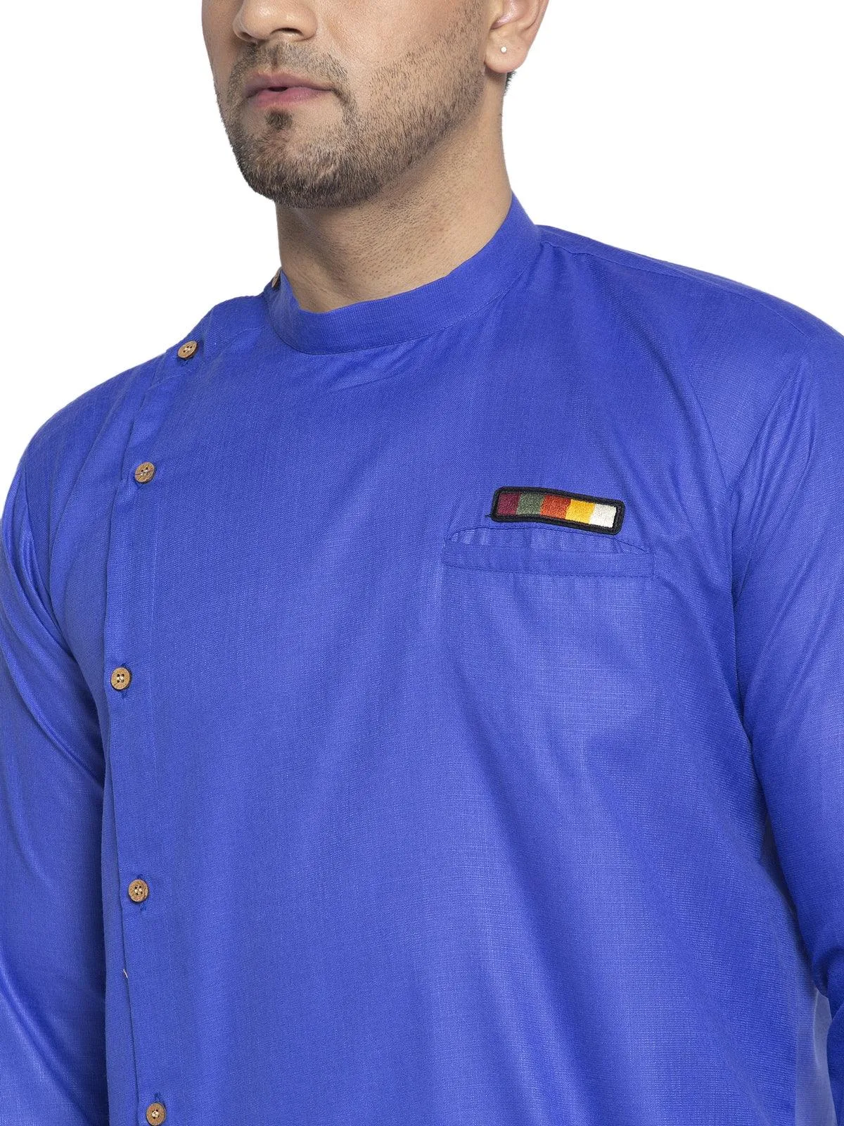 Men's Cotton Royal Blue Asymmetric Solid Kurta With White Trousers - Benstoke