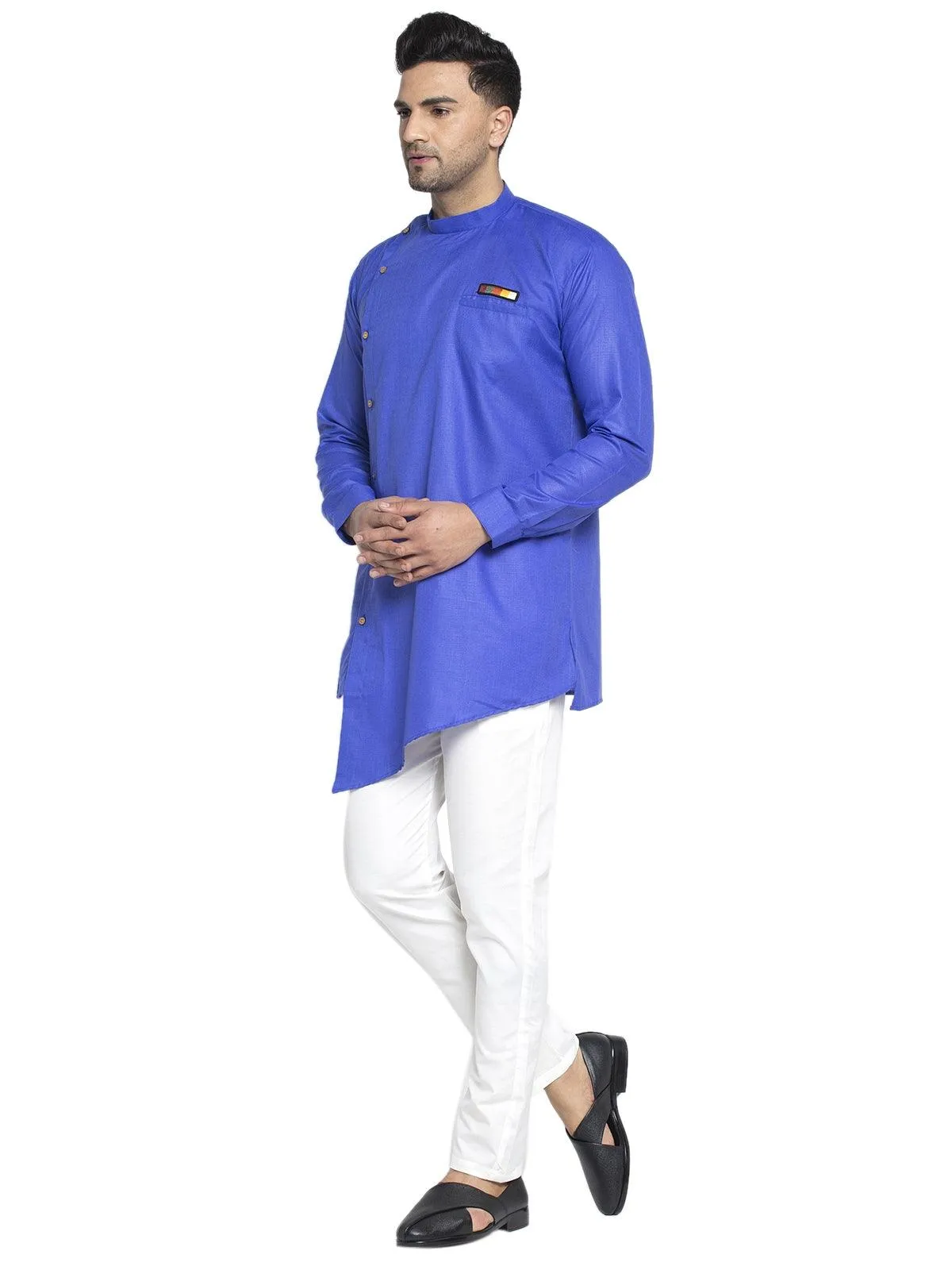 Men's Cotton Royal Blue Asymmetric Solid Kurta With White Trousers - Benstoke