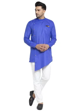 Men's Cotton Royal Blue Asymmetric Solid Kurta With White Trousers - Benstoke