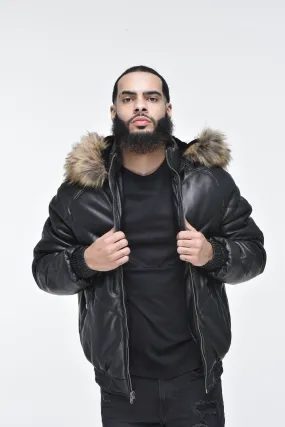 Men’s Faux Leather V Bomber Jacket with Detachable Faux Fur Hood - Black