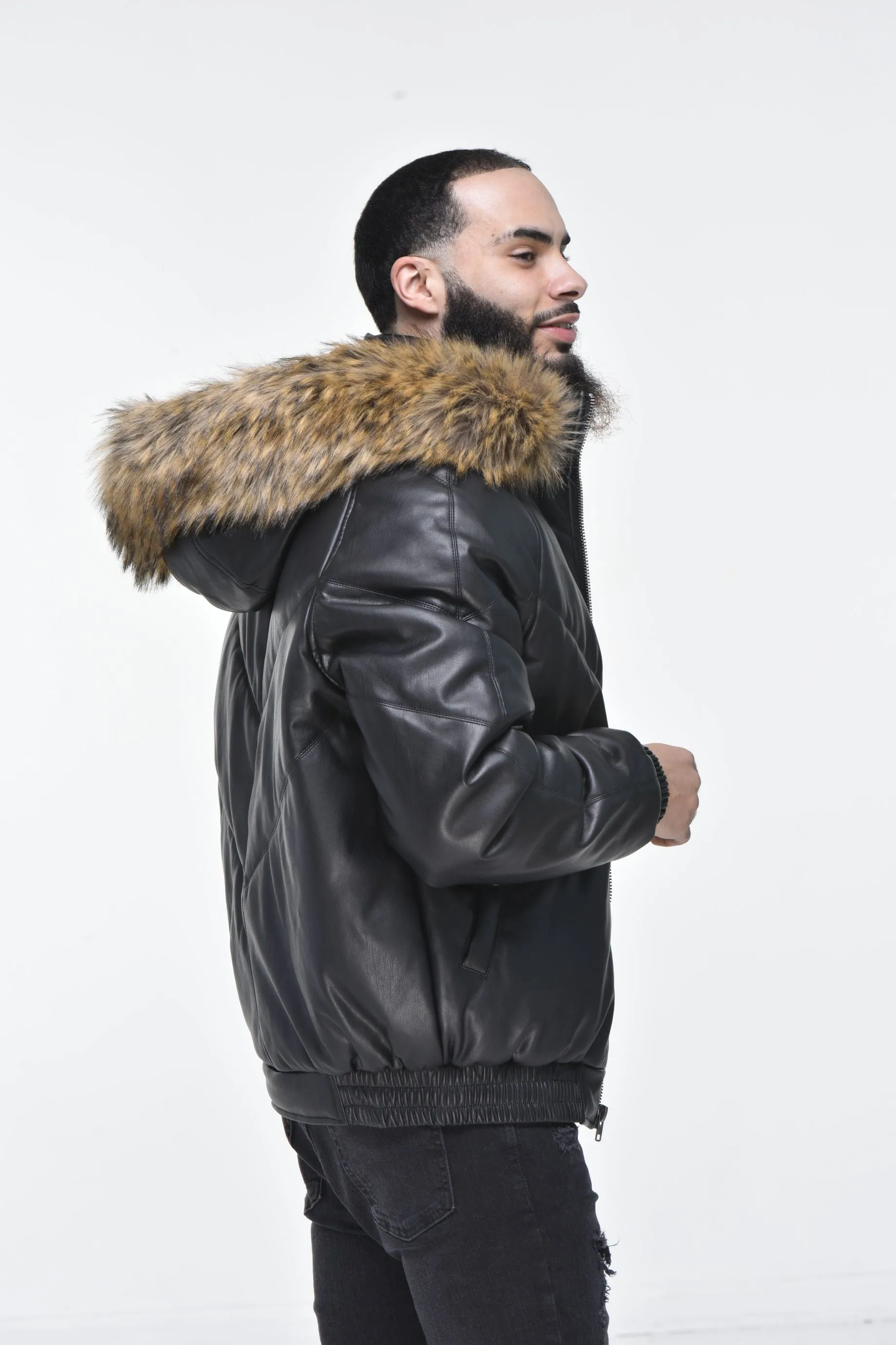 Men’s Faux Leather V Bomber Jacket with Detachable Faux Fur Hood - Black