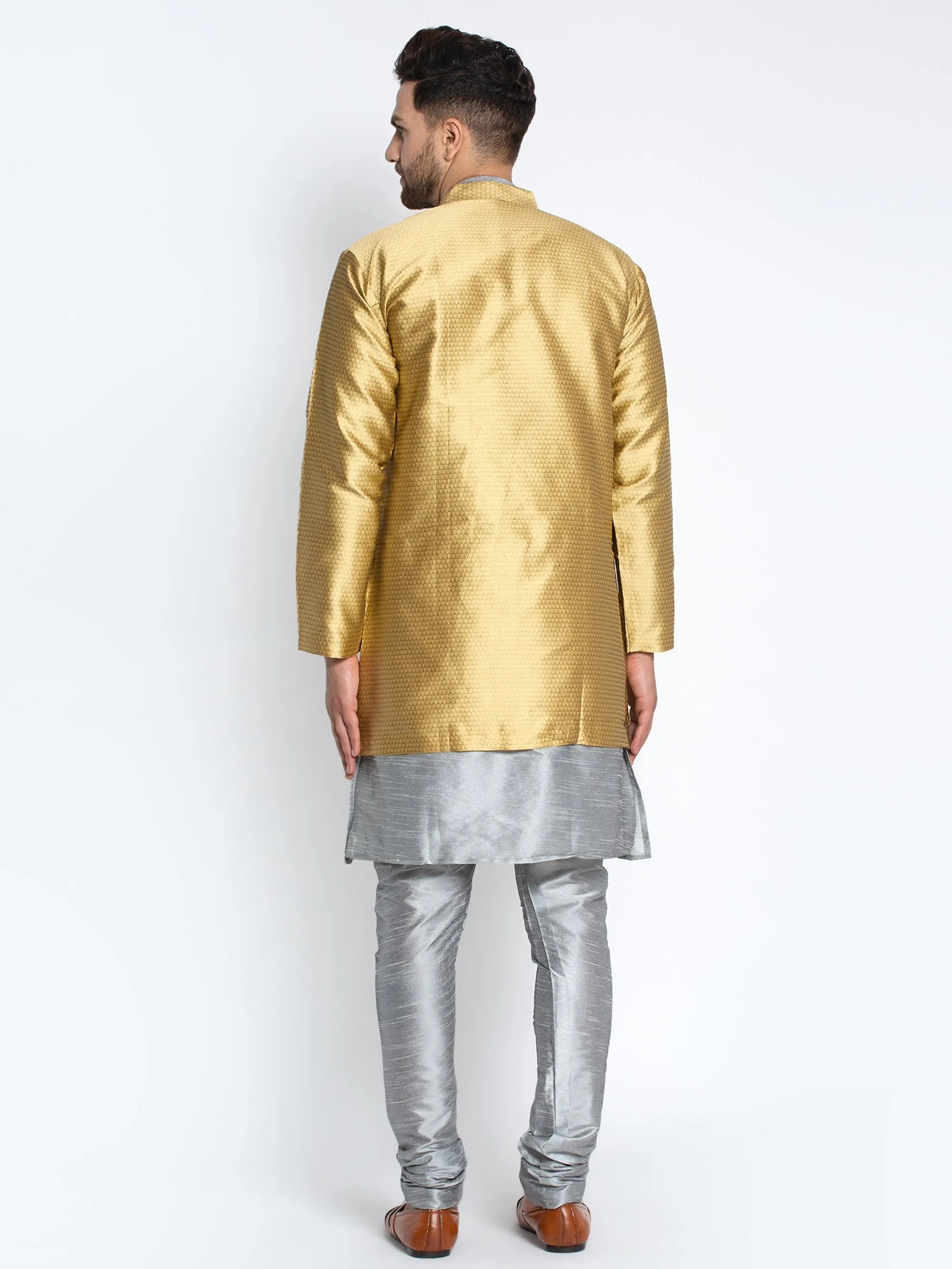 Men's Grey Kurta With Pyjama & Gold Self Design Jacket - Benstoke