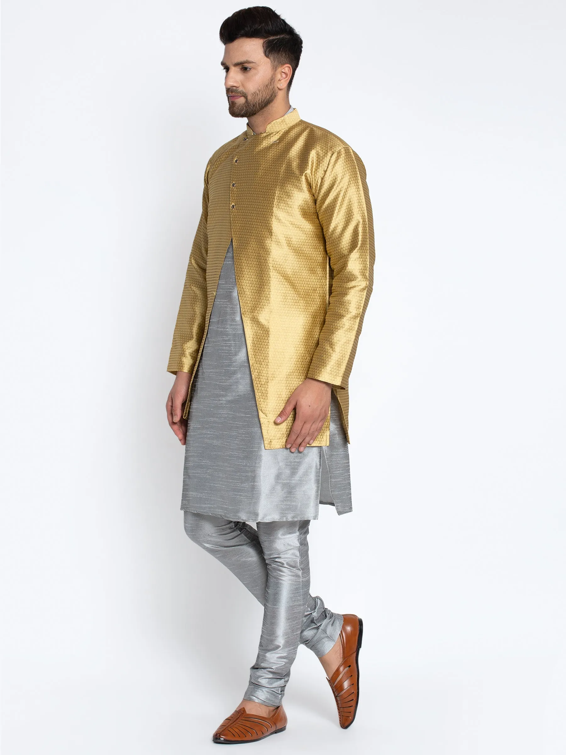 Men's Grey Kurta With Pyjama & Gold Self Design Jacket - Benstoke