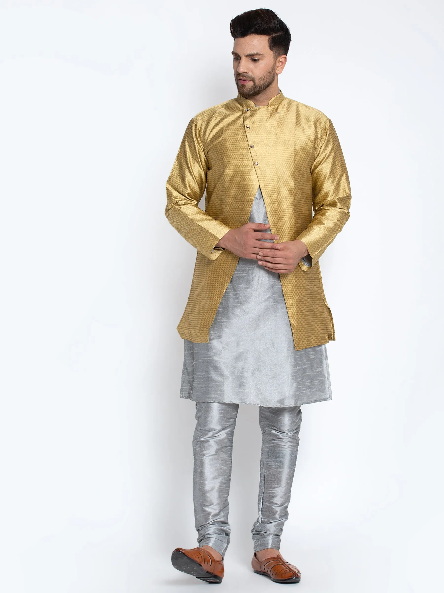 Men's Grey Kurta With Pyjama & Gold Self Design Jacket - Benstoke