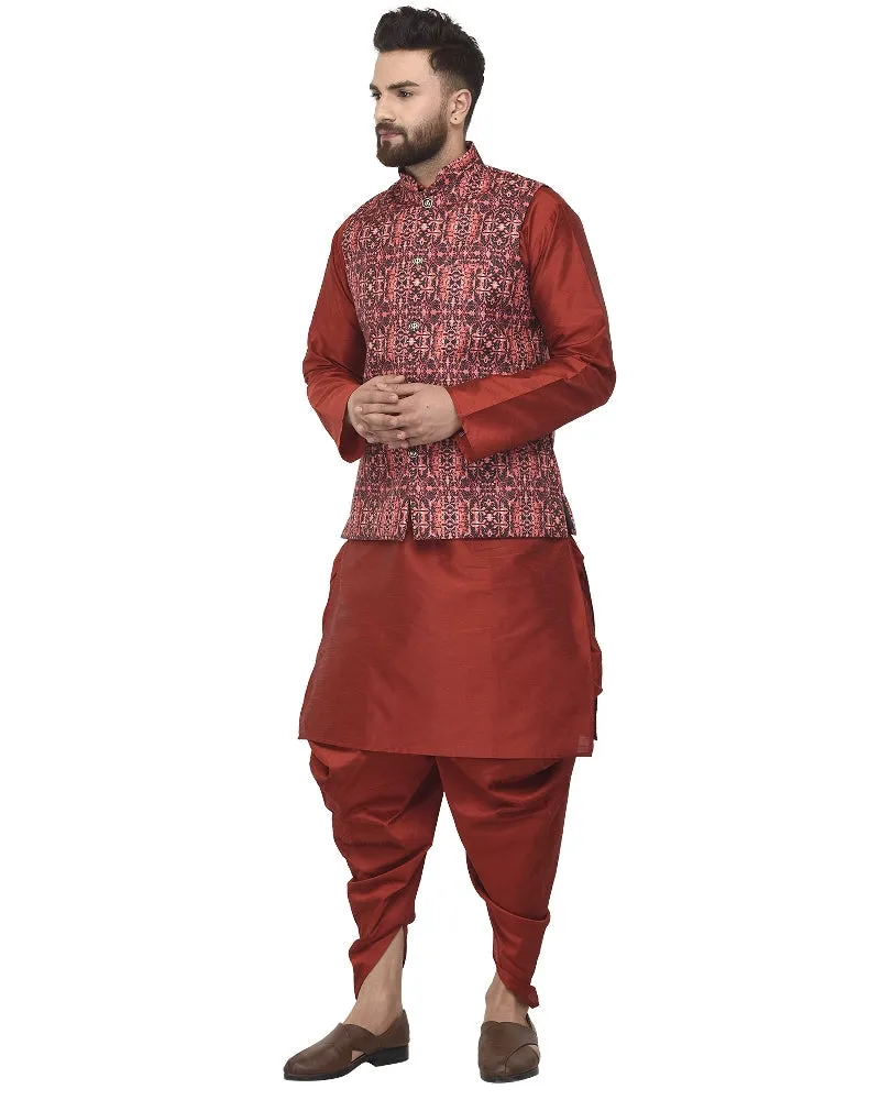 Men's Maroon Kurta With Dhoti & Coral Red Printed Nehru Jacket - Benstoke