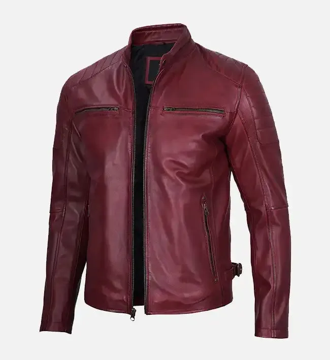 Men's Maroon Waxed Cafe Racer Leather Jacket