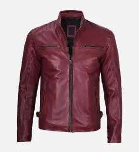 Men's Maroon Waxed Cafe Racer Leather Jacket