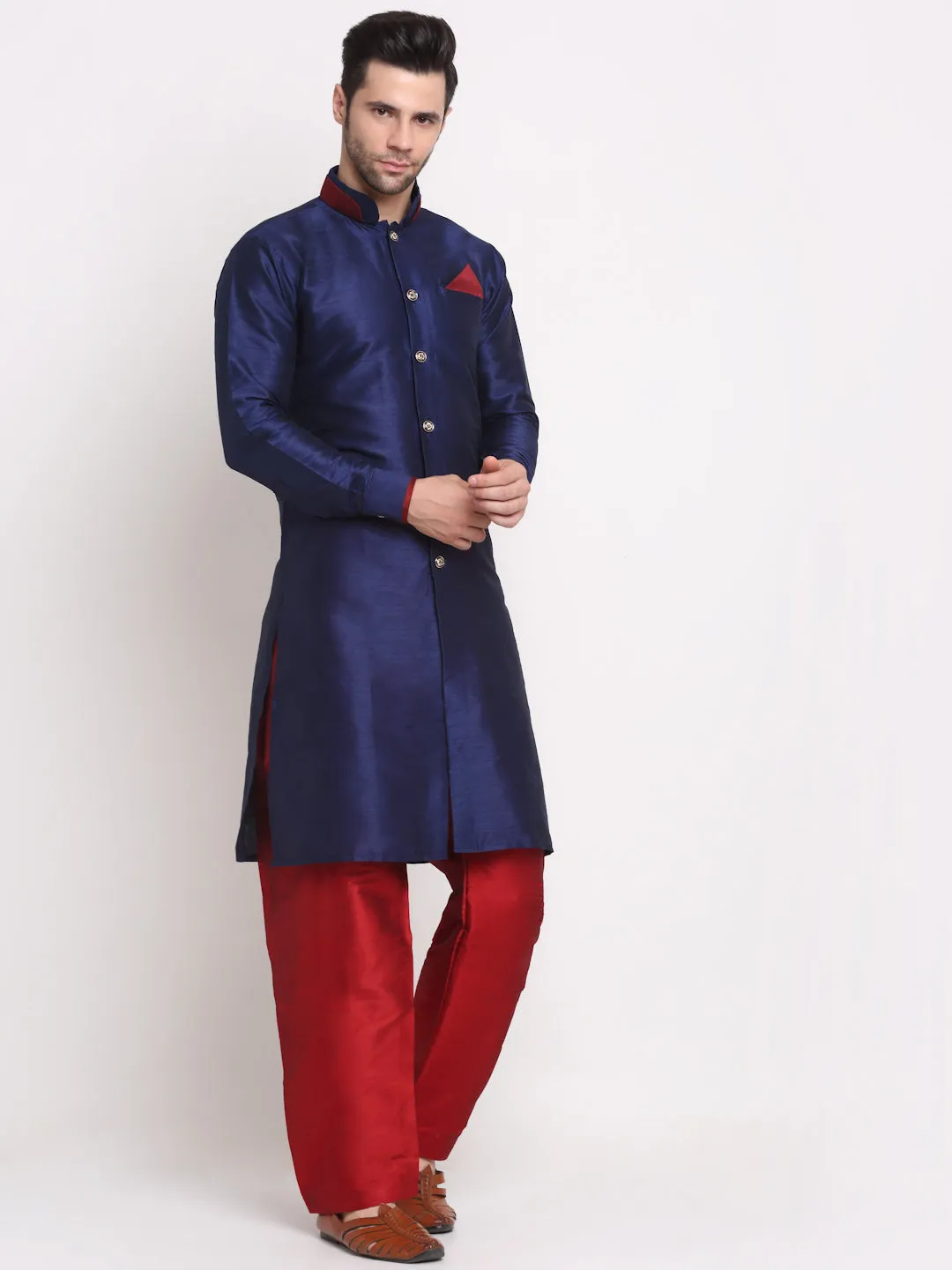 Men's Navy Blue Solid Kurta With Maroon Pyjamas Set - Benstoke