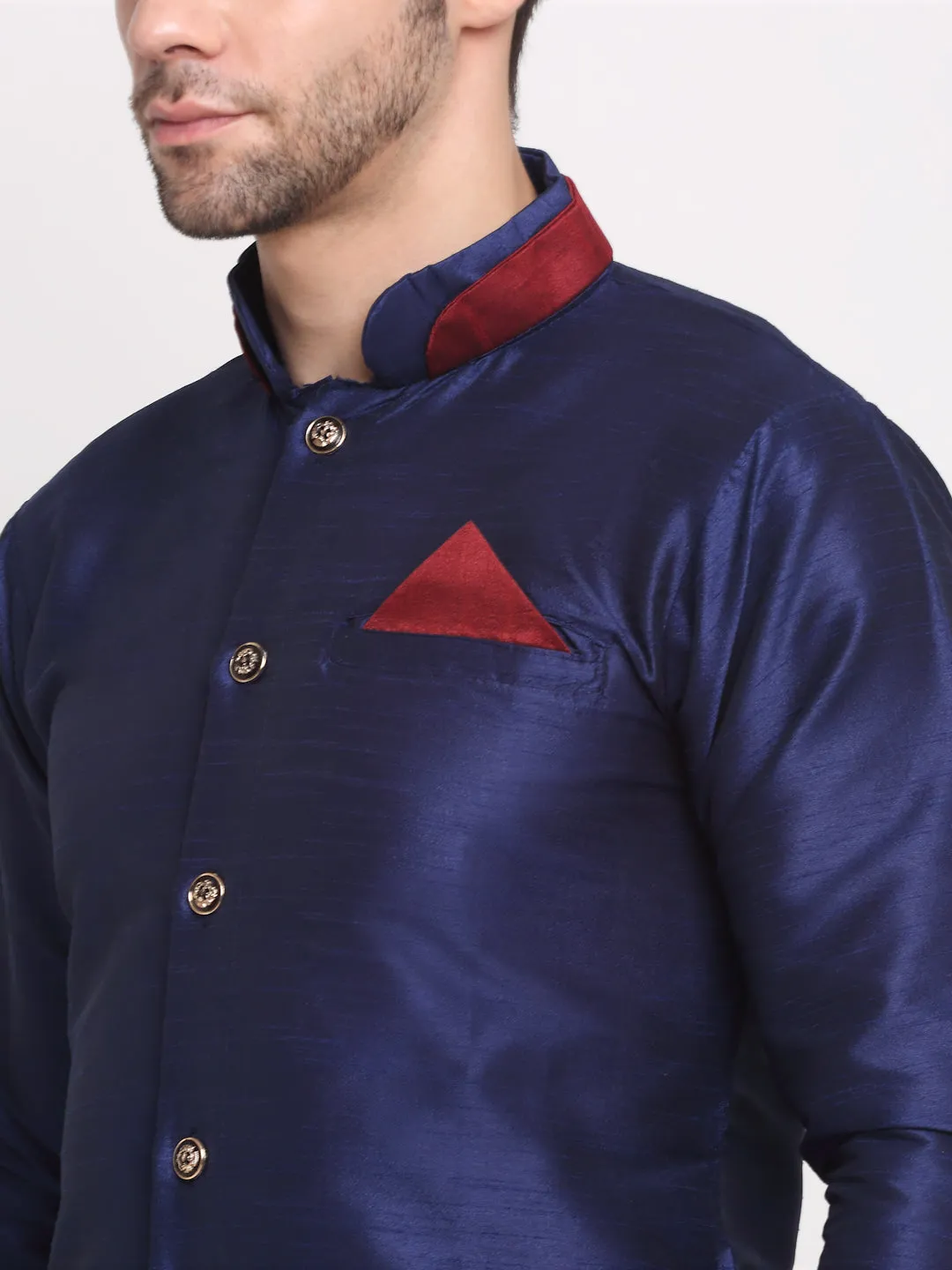 Men's Navy Blue Solid Kurta With Maroon Pyjamas Set - Benstoke