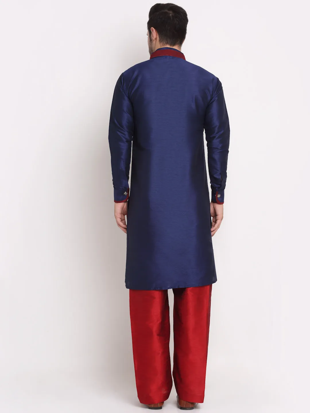 Men's Navy Blue Solid Kurta With Maroon Pyjamas Set - Benstoke