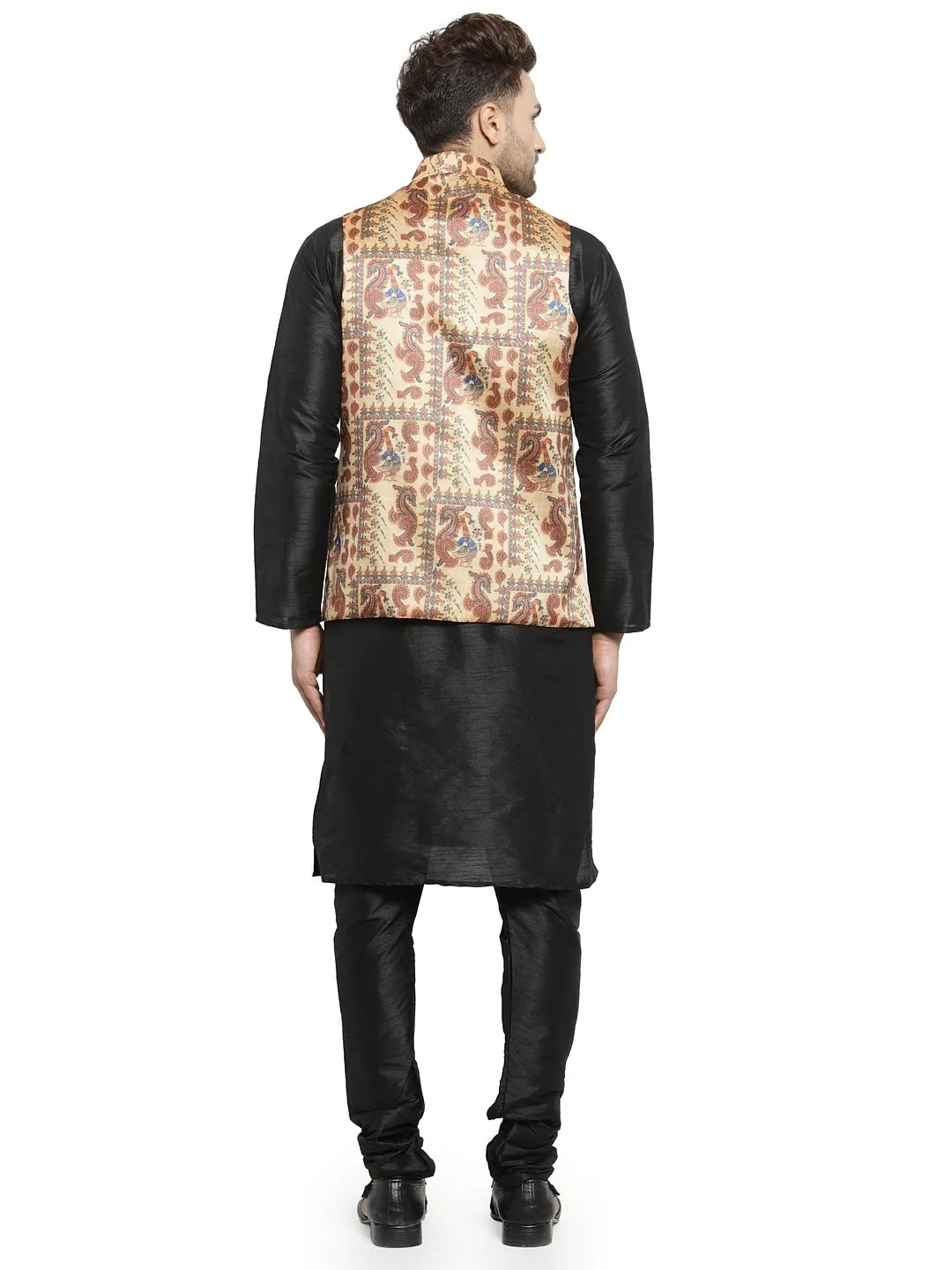 Men's Silk Blend Black Kurta With Pyjama & Beige Printed Nehru Jacket - Benstoke