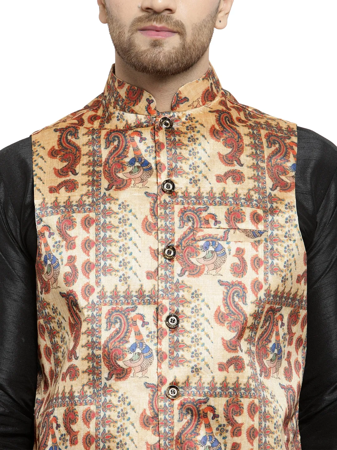 Men's Silk Blend Black Kurta With Pyjama & Beige Printed Nehru Jacket - Benstoke