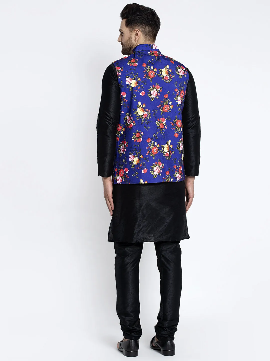 Men's Silk Blend Black Kurta With Pyjama & Royal Blue Printed Nehru Jacket - Benstoke