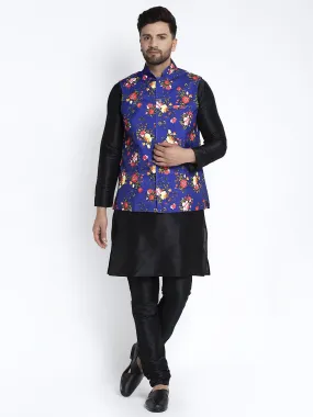 Men's Silk Blend Black Kurta With Pyjama & Royal Blue Printed Nehru Jacket - Benstoke