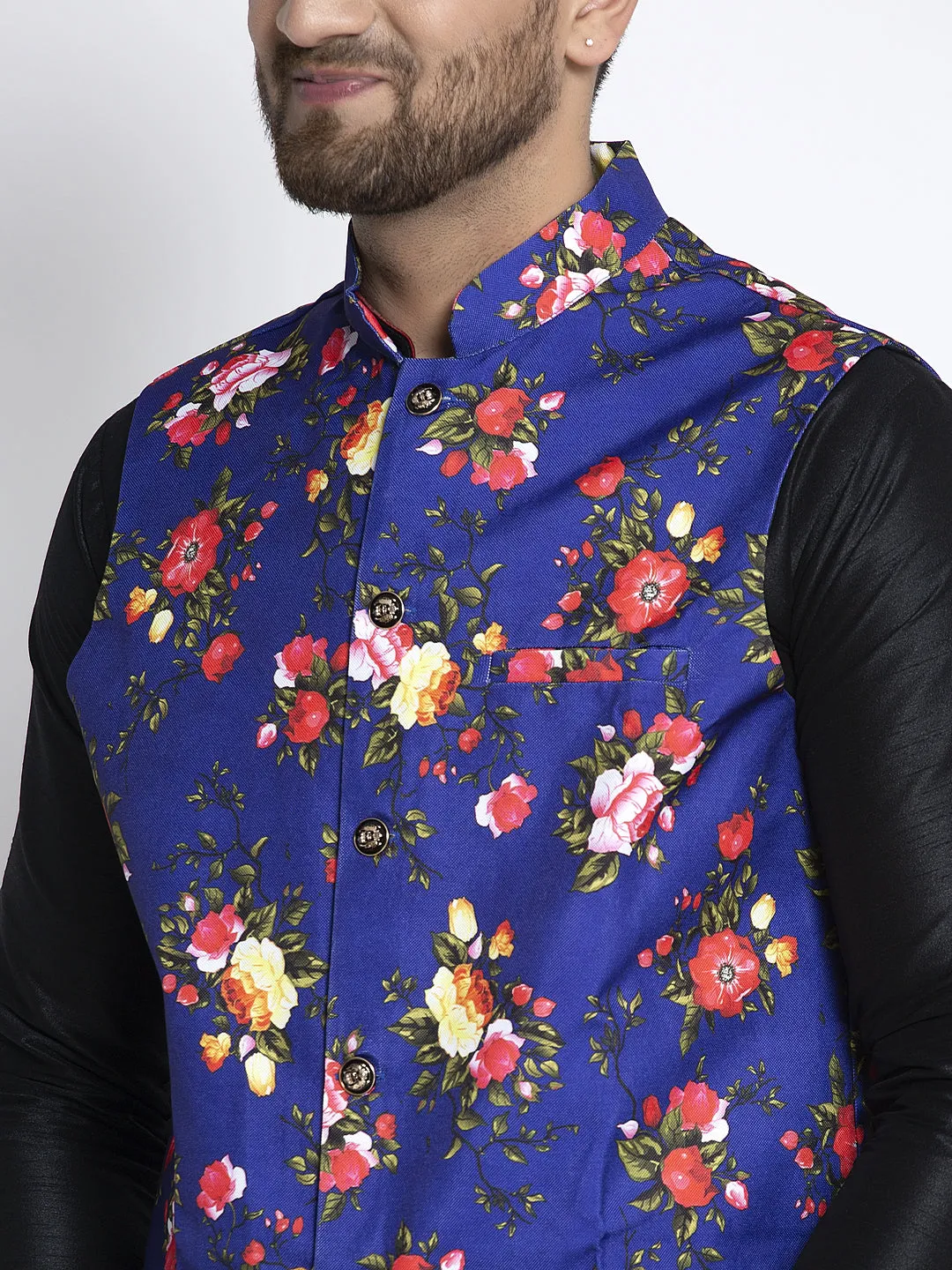 Men's Silk Blend Black Kurta With Pyjama & Royal Blue Printed Nehru Jacket - Benstoke