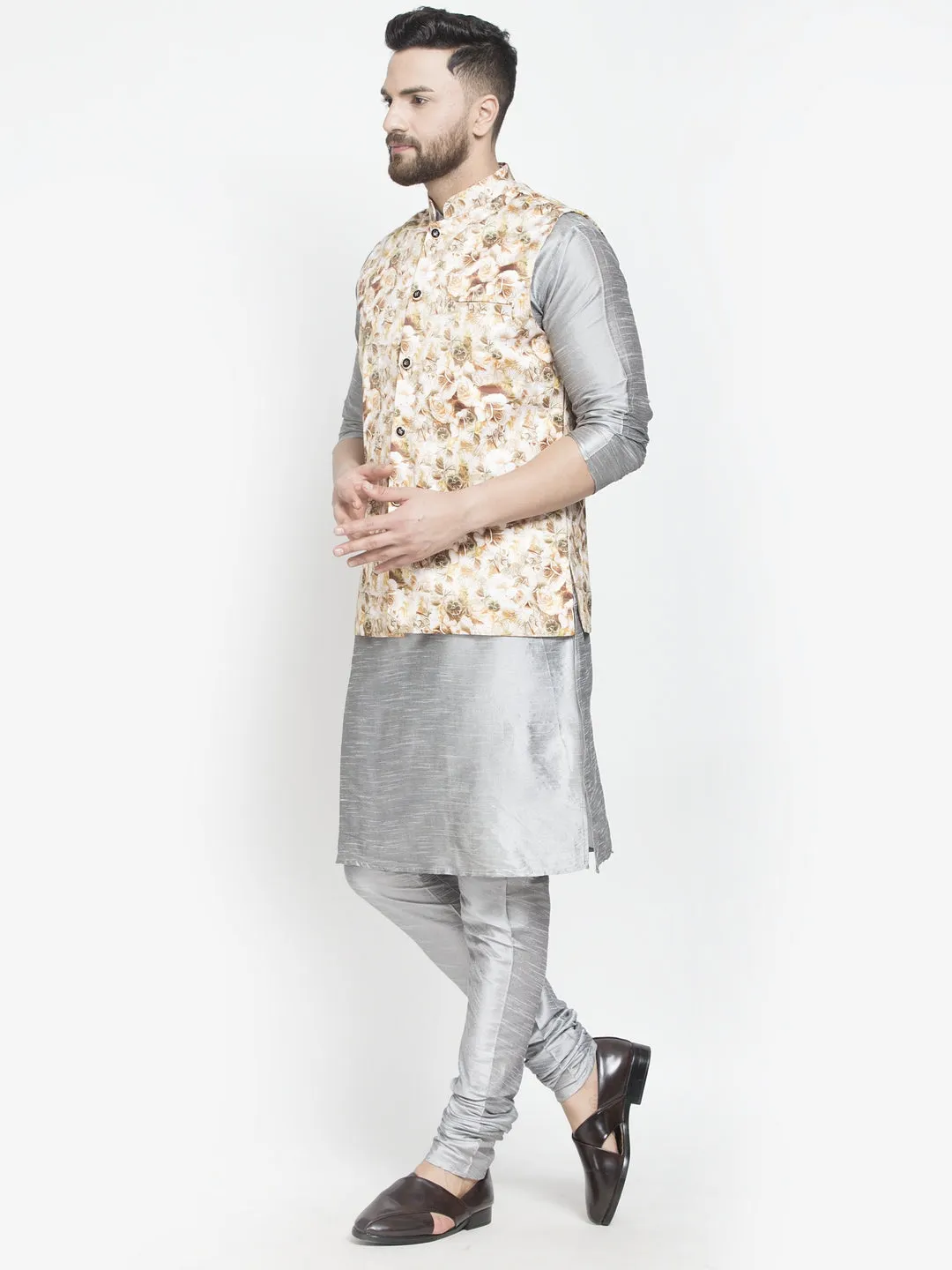 Men's Silk Blend Grey Kurta With Pyjama & Beige Printed Nehru Jacket - Benstoke