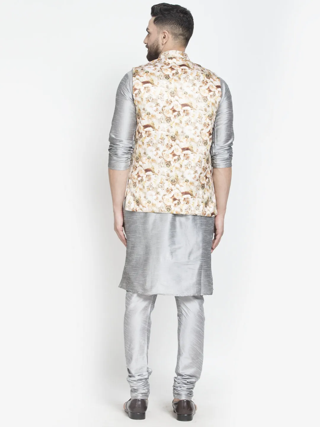 Men's Silk Blend Grey Kurta With Pyjama & Beige Printed Nehru Jacket - Benstoke