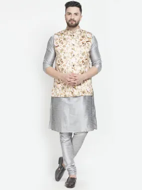 Men's Silk Blend Grey Kurta With Pyjama & Beige Printed Nehru Jacket - Benstoke