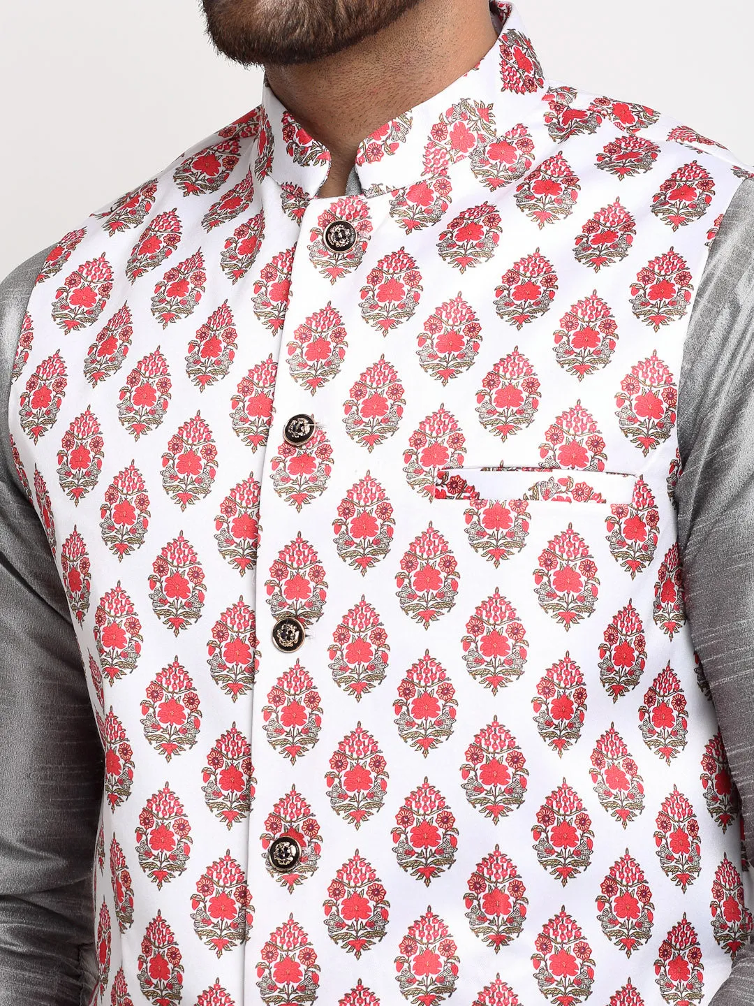 Men's Silk Blend Grey Kurta With Pyjama & Cream Printed Nehru Jacket - Benstoke