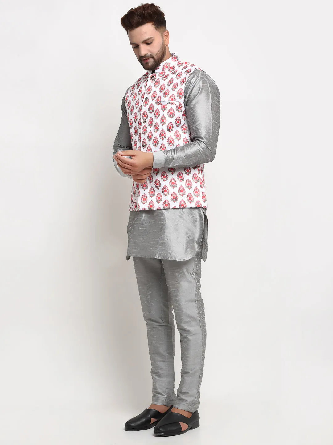 Men's Silk Blend Grey Kurta With Pyjama & Cream Printed Nehru Jacket - Benstoke