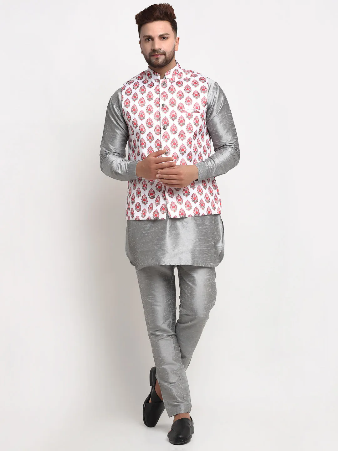 Men's Silk Blend Grey Kurta With Pyjama & Cream Printed Nehru Jacket - Benstoke