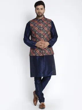 Men's Silk Blend Navy Blue Kurta With Pyjama & Black Printed Nehru Jacket - Benstoke