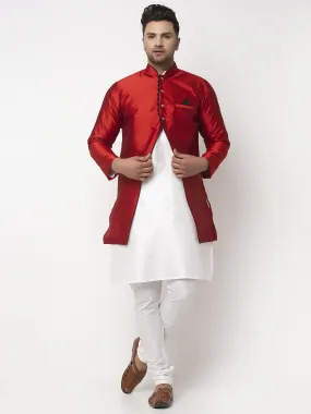 Men's White Kurta With Pyjama & Red Self Design Jacket - Benstoke