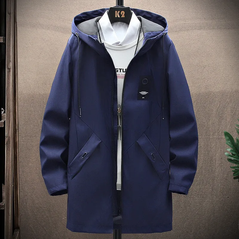 Men's Winter Long Hooded Jacket Business Overcoat Mid Length Trench Coat