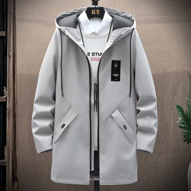 Men's Winter Long Hooded Jacket Business Overcoat Mid Length Trench Coat