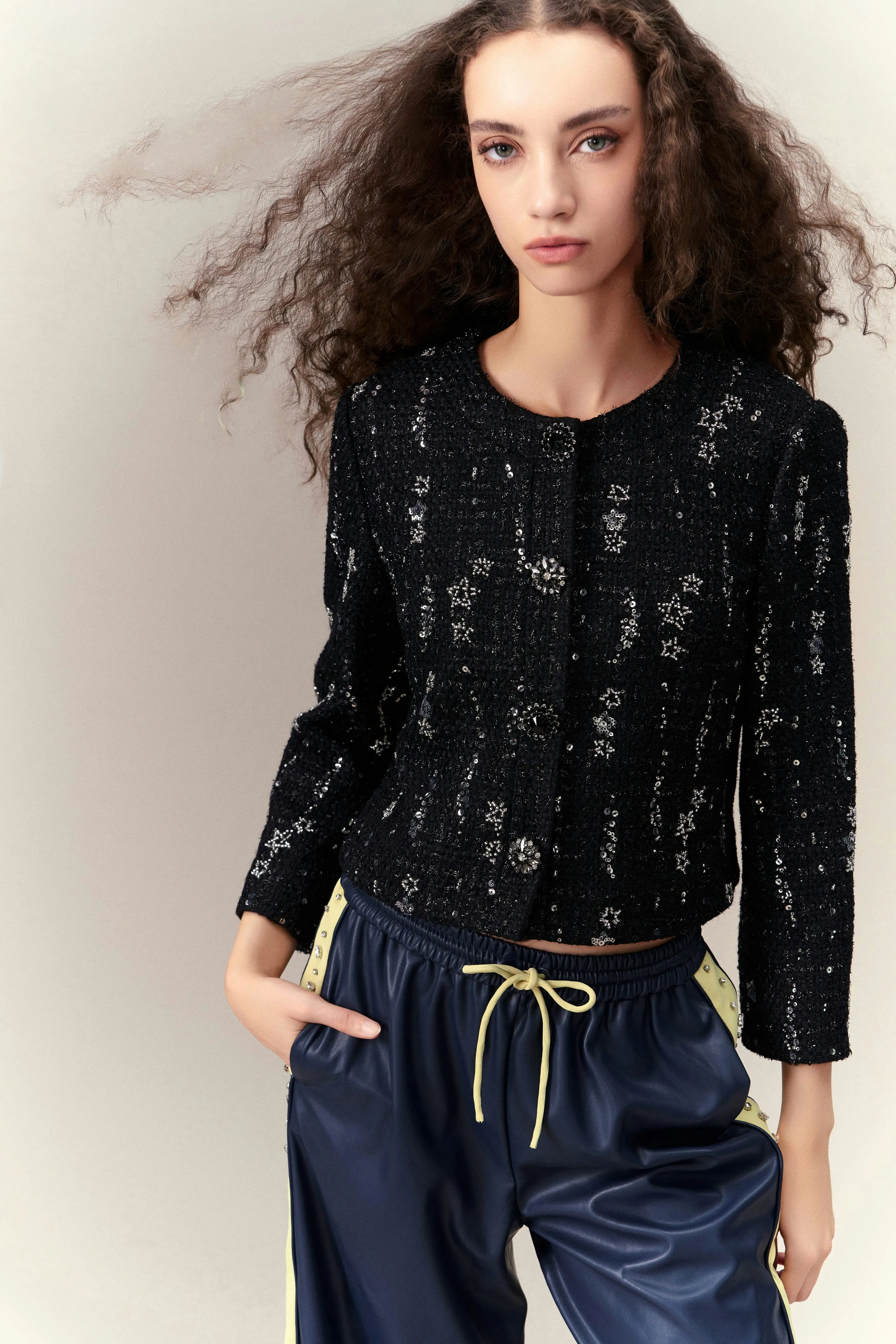 Meteor Shower Embellished Cropped Tweed Jacket