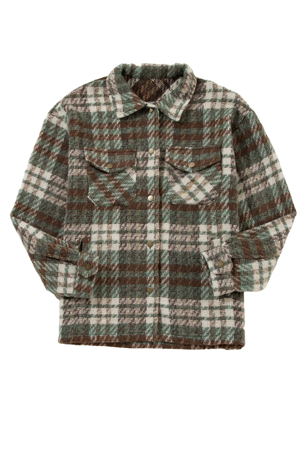 Mist Green Plaid Print Chest Pockets Turn Down Collar Shacket