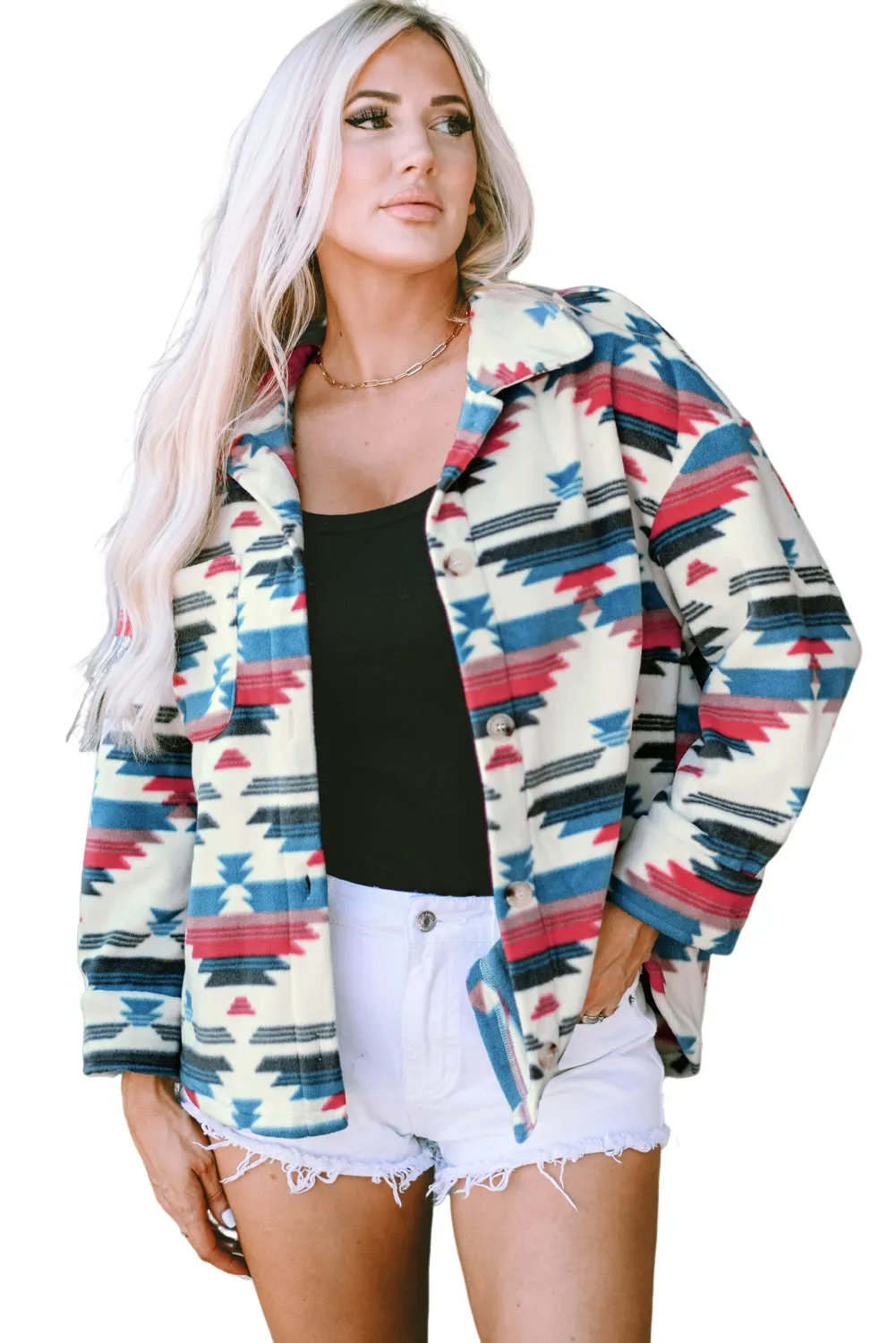 Multicolor Aztec Print Button-up Turn Down Collar Shacket