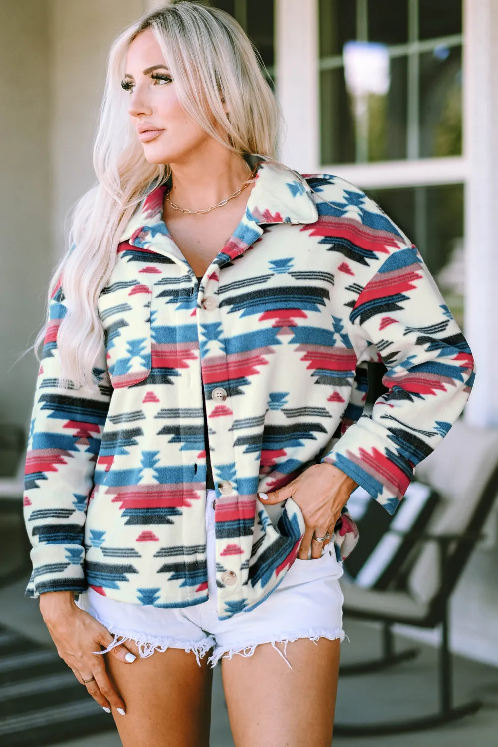 Multicolor Aztec Print Button-up Turn Down Collar Shacket