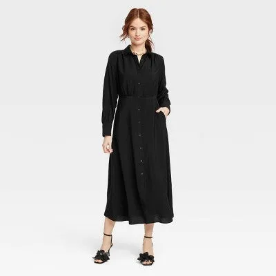 New - Women's Long Sleeve Collared Midi Crepe Shirtdress - A New Day Black M