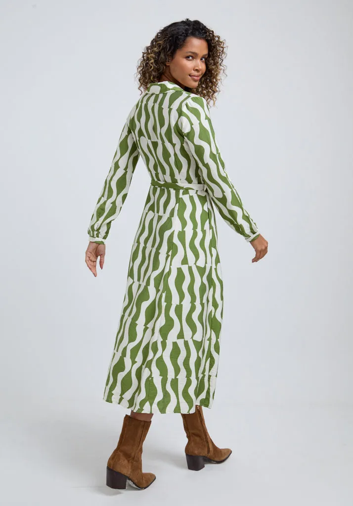 Nora Button Down Abstract Print Midi Dress In Green